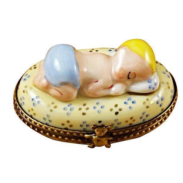 Blue Baby Sleeping Limoges Box Gift for New Parents, a hand-painted Limoges porcelain gift