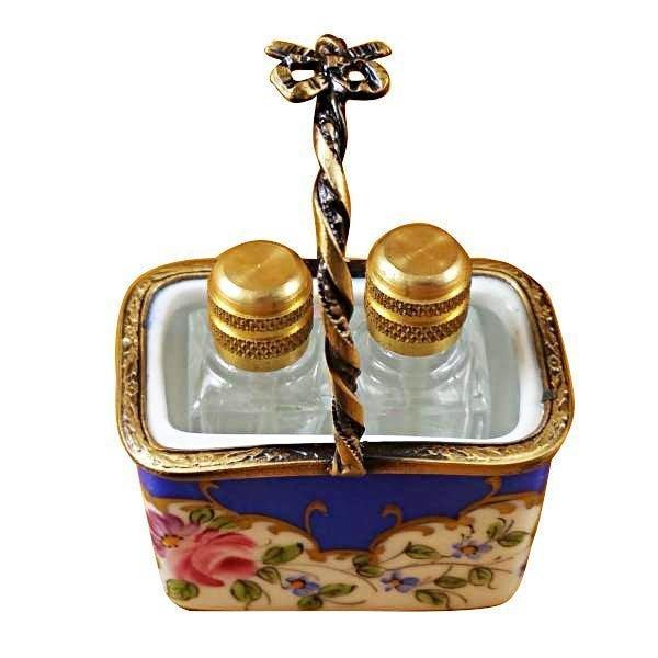 Genuine Rochard Blue Basket with Two Bottles Limoges box painted by hand in France, from Limoges Boutique