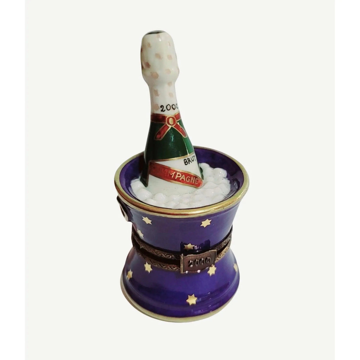 Artisan-painted Blue Bucket of Brut Champagne on Ice Limoges box from France, a cherished collectible