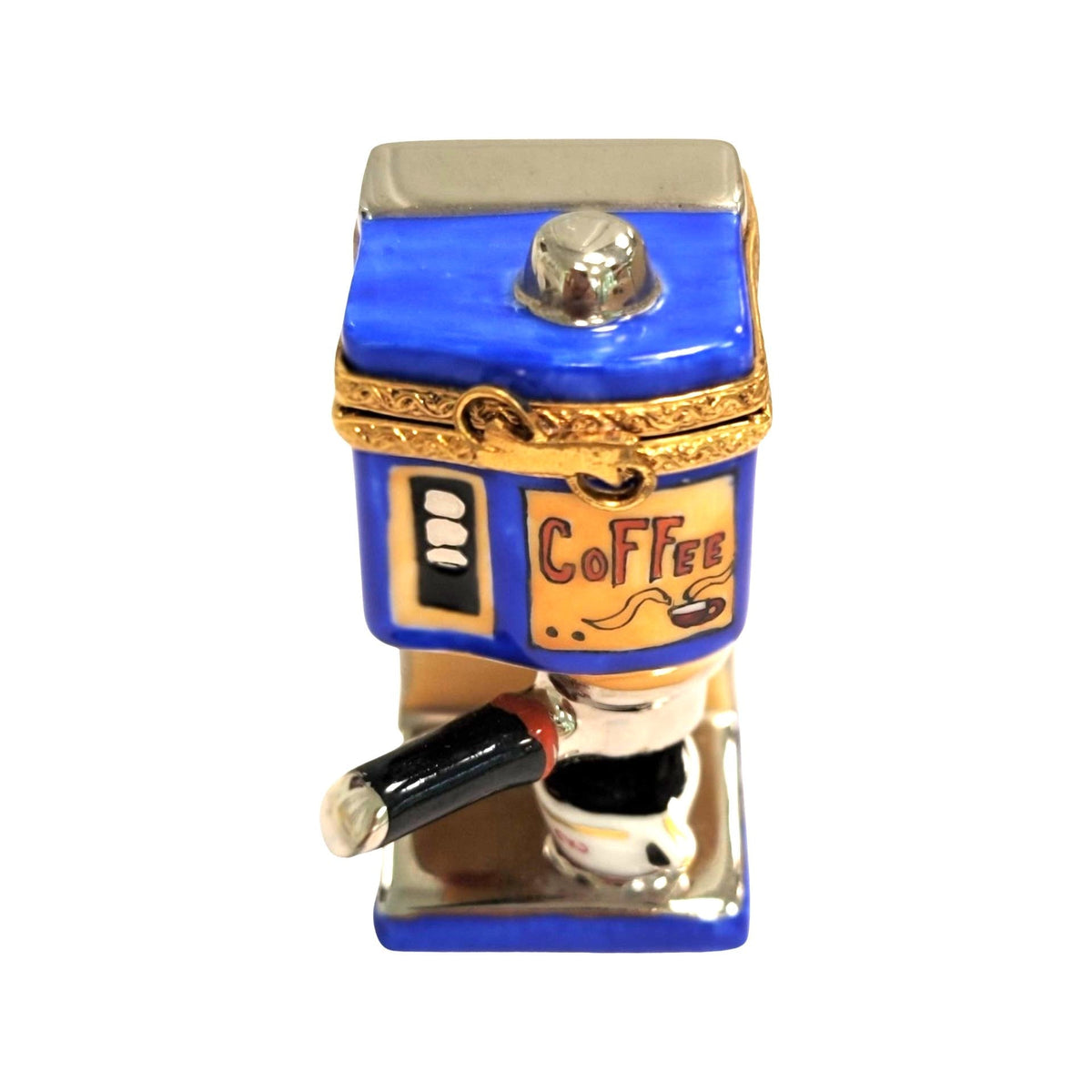 Blue Coffee Espresso Machine Limoges Box for Coffee Lovers, a hand-painted Limoges porcelain gift