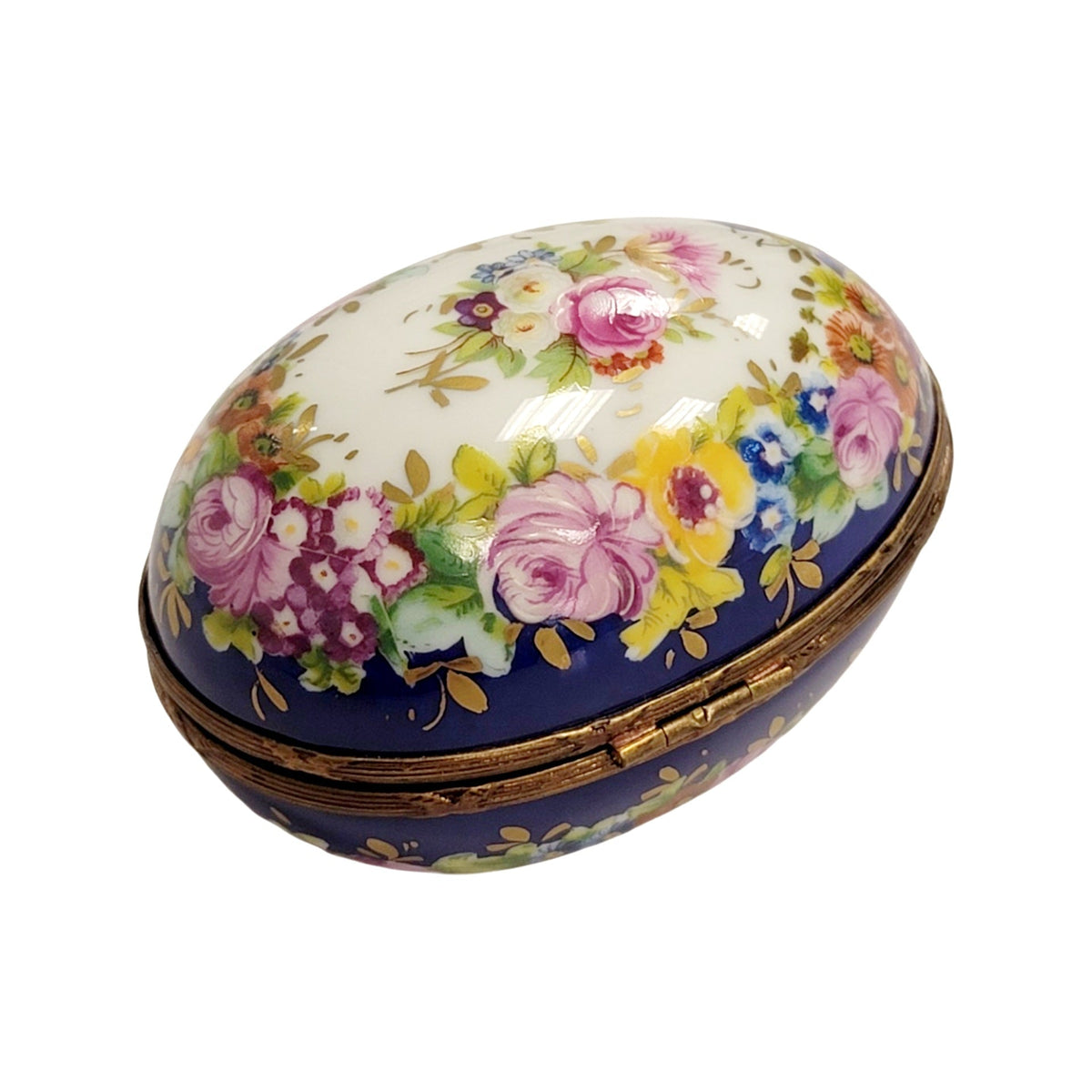 Artisan-painted Blue Egg with Flowers Limoges box from France, a cherished collectible