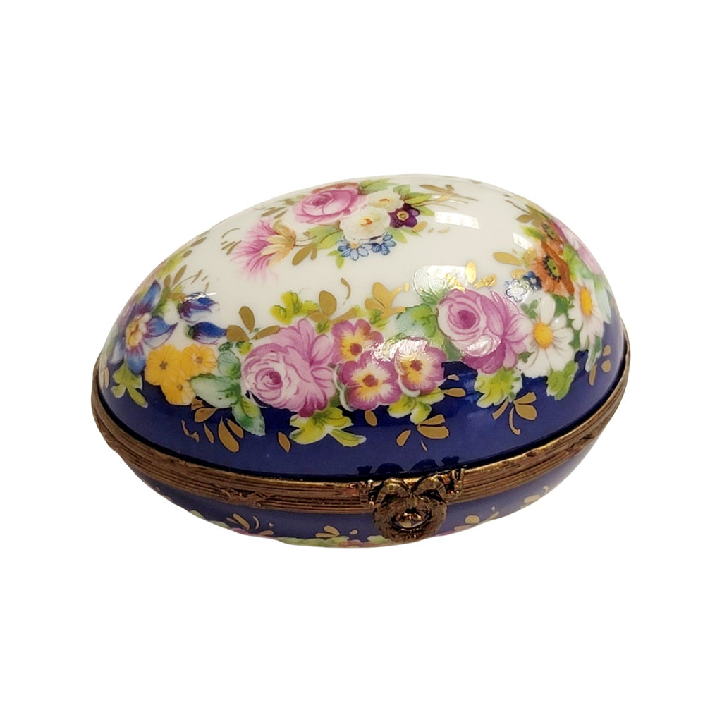 Blue Egg w Flowers Limoges Porcelain, a hand-painted Limoges porcelain gift