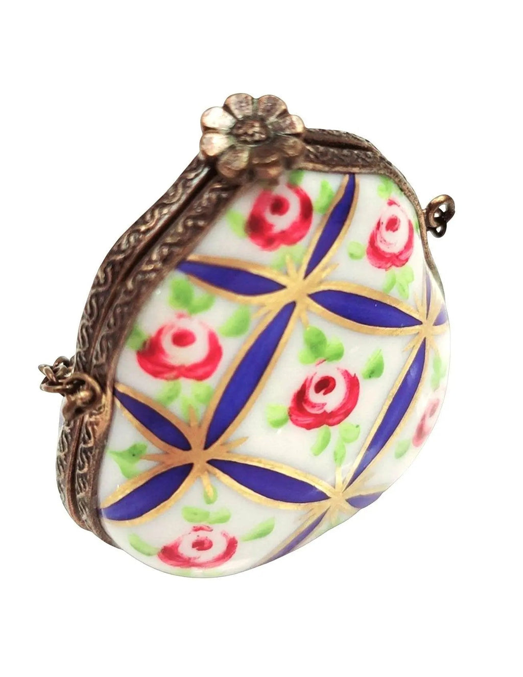 Blue Diagonal Flowers Purse, HandPainted Limoges Box, a hand-painted Limoges porcelain gift