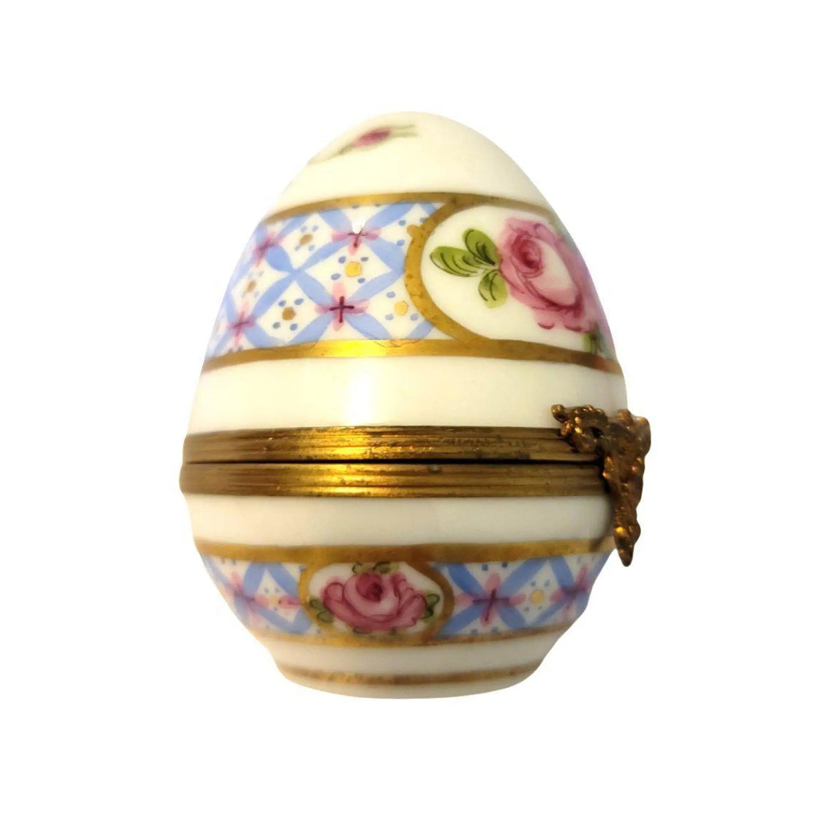 Fine French craftsmanship on the Blue with Roses Egg F D Limoges box, painted by hand