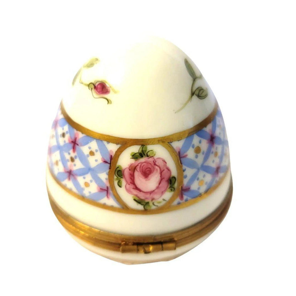 Painted details on the Blue with Roses Egg F D Limoges box, French art in miniature