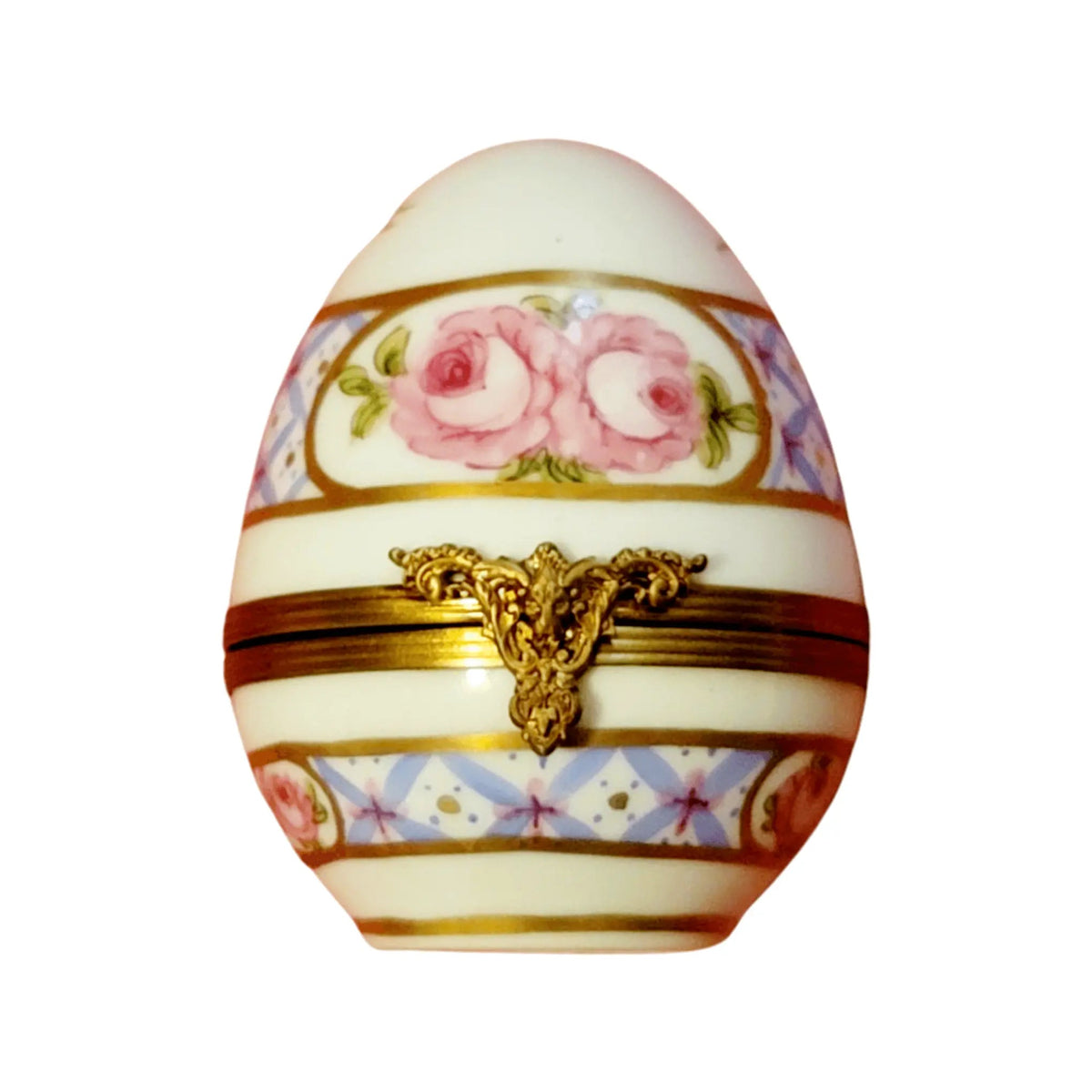 Limoges Boutique presents the Blue with Roses Egg F D, a genuine Limoges box painted by hand in France
