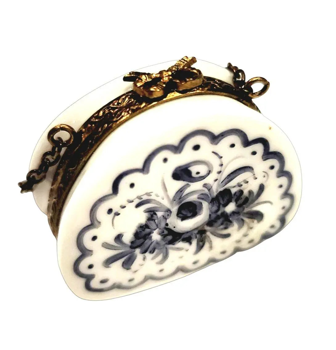 Blue Flowers Purse Antiqued Brass HandPainted Limoges Box, a hand-painted Limoges porcelain gift