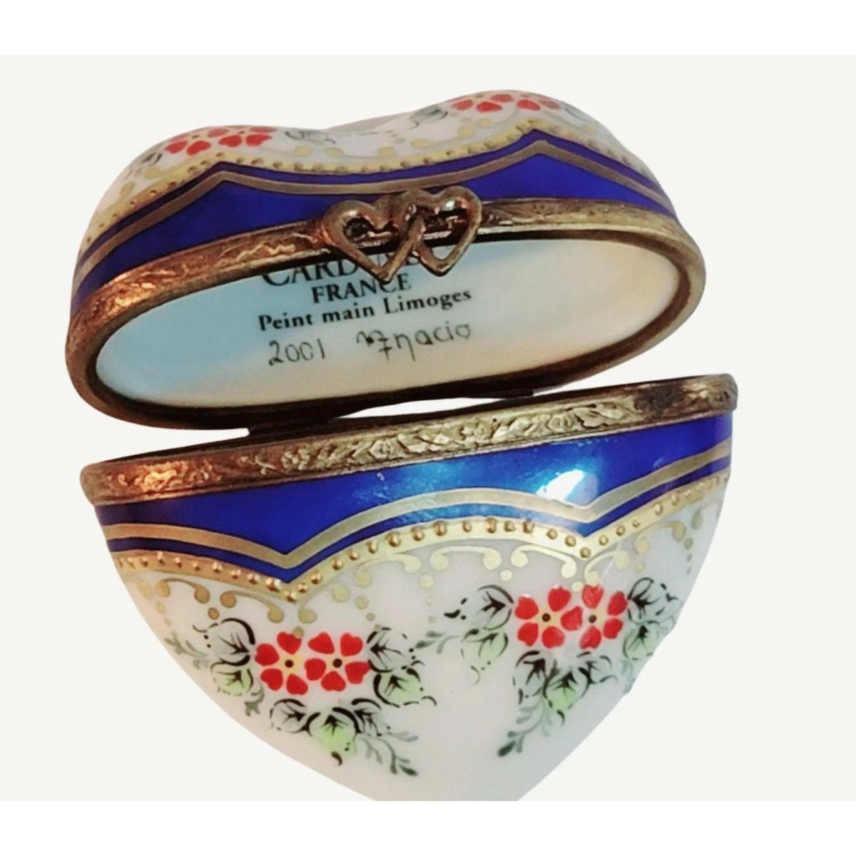 Treasured French collectible: Medium Blue Gold Heart with Red Flowers Limoges box, painted by hand