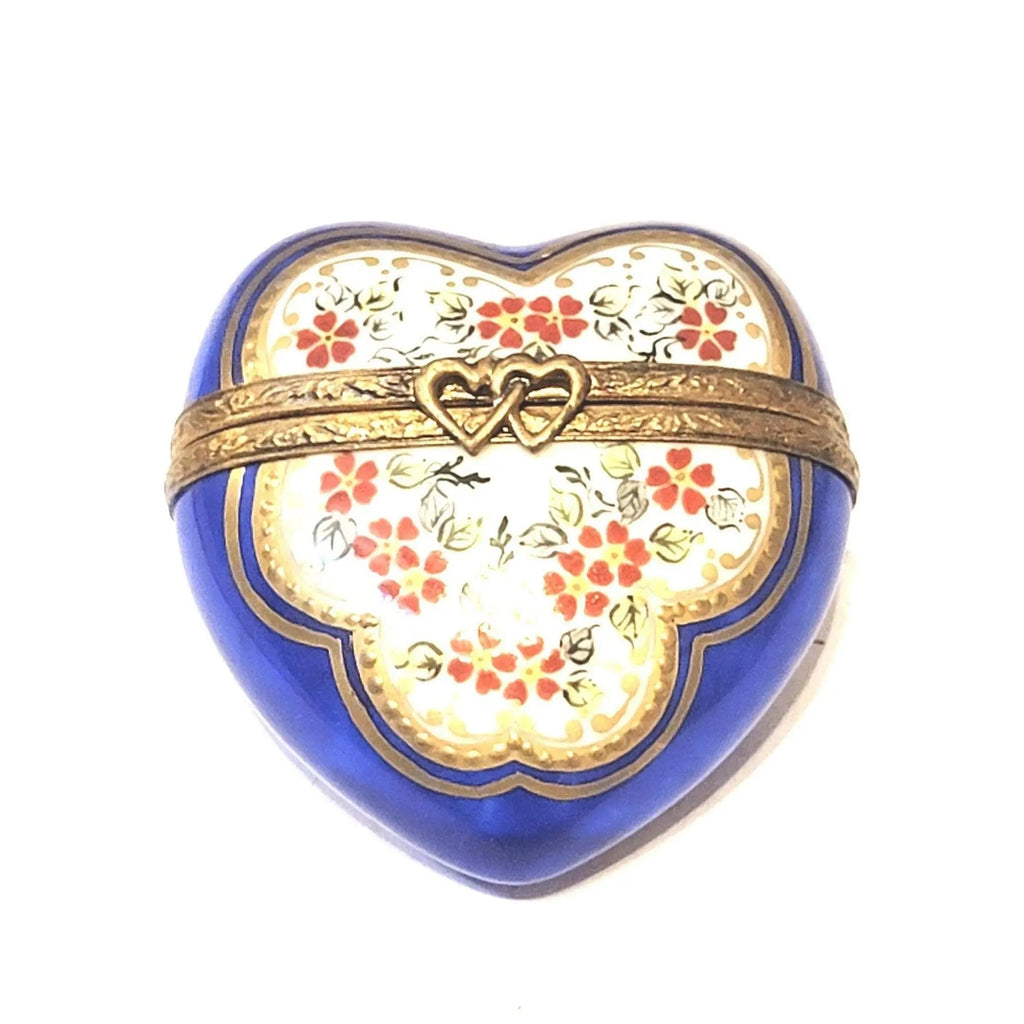 Medium Blue Gold Heart w Red Flowers Limoges Porcelain Art Object, a hand-painted Limoges porcelain gift