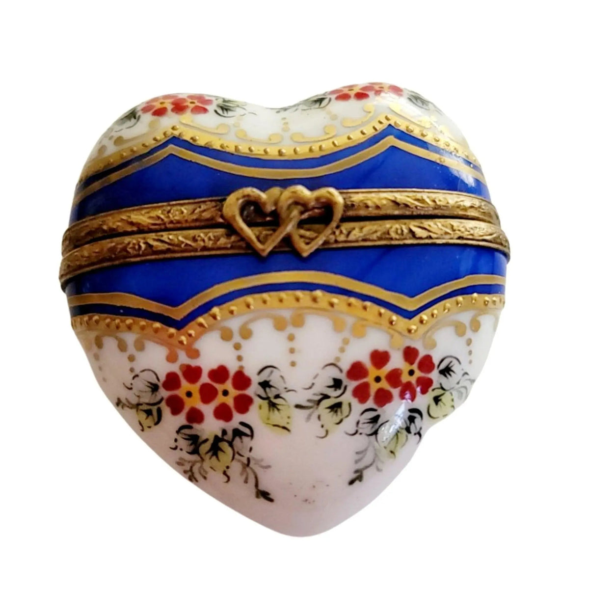 Medium Blue Gold Heart with Strip & Red Flowers Limoges Box, view 10