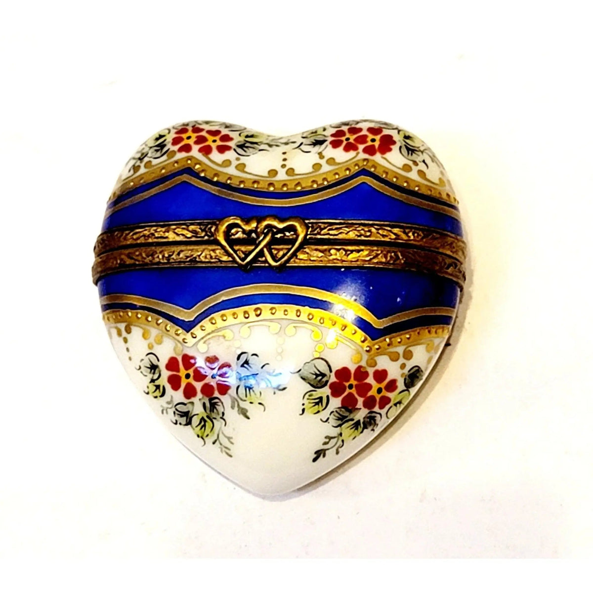 Medium Blue Gold Heart with Strip & Red Flowers Limoges Box, view 11