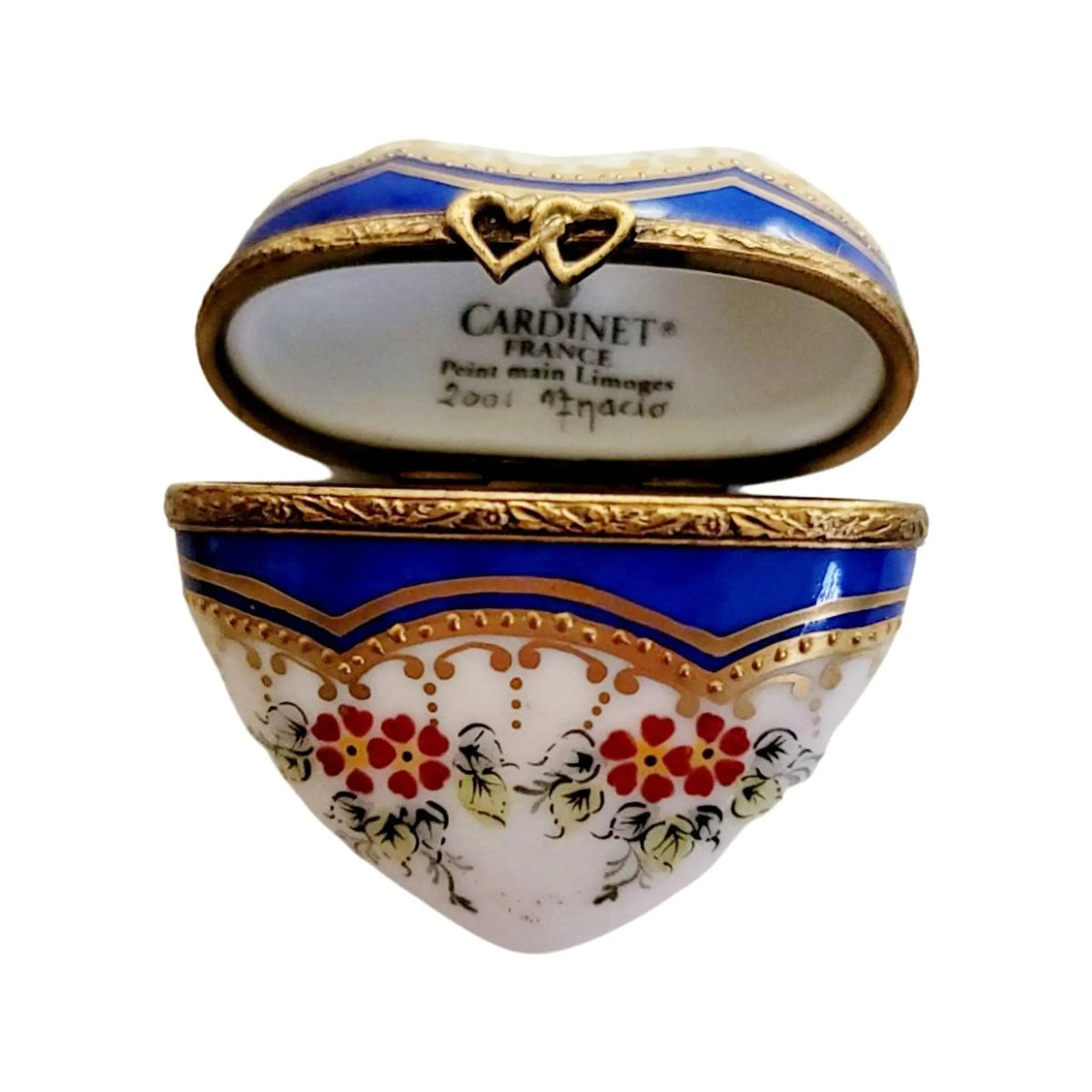 A thoughtful gift for Francophiles: the Medium Blue Gold Heart with Strip & Red Flowers Limoges box