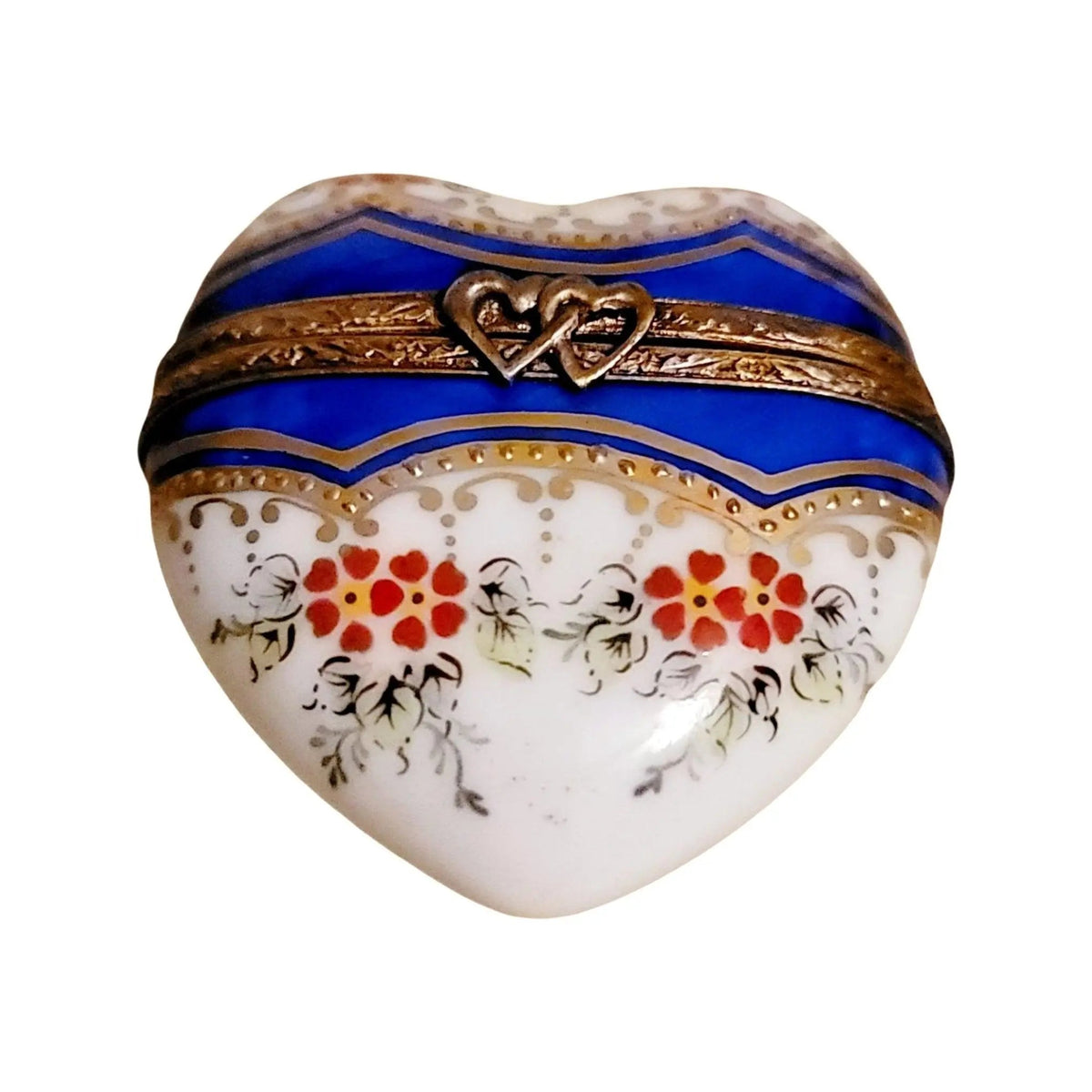 Medium Blue Gold Heart with Strip & Red Flowers Limoges Box, view 6