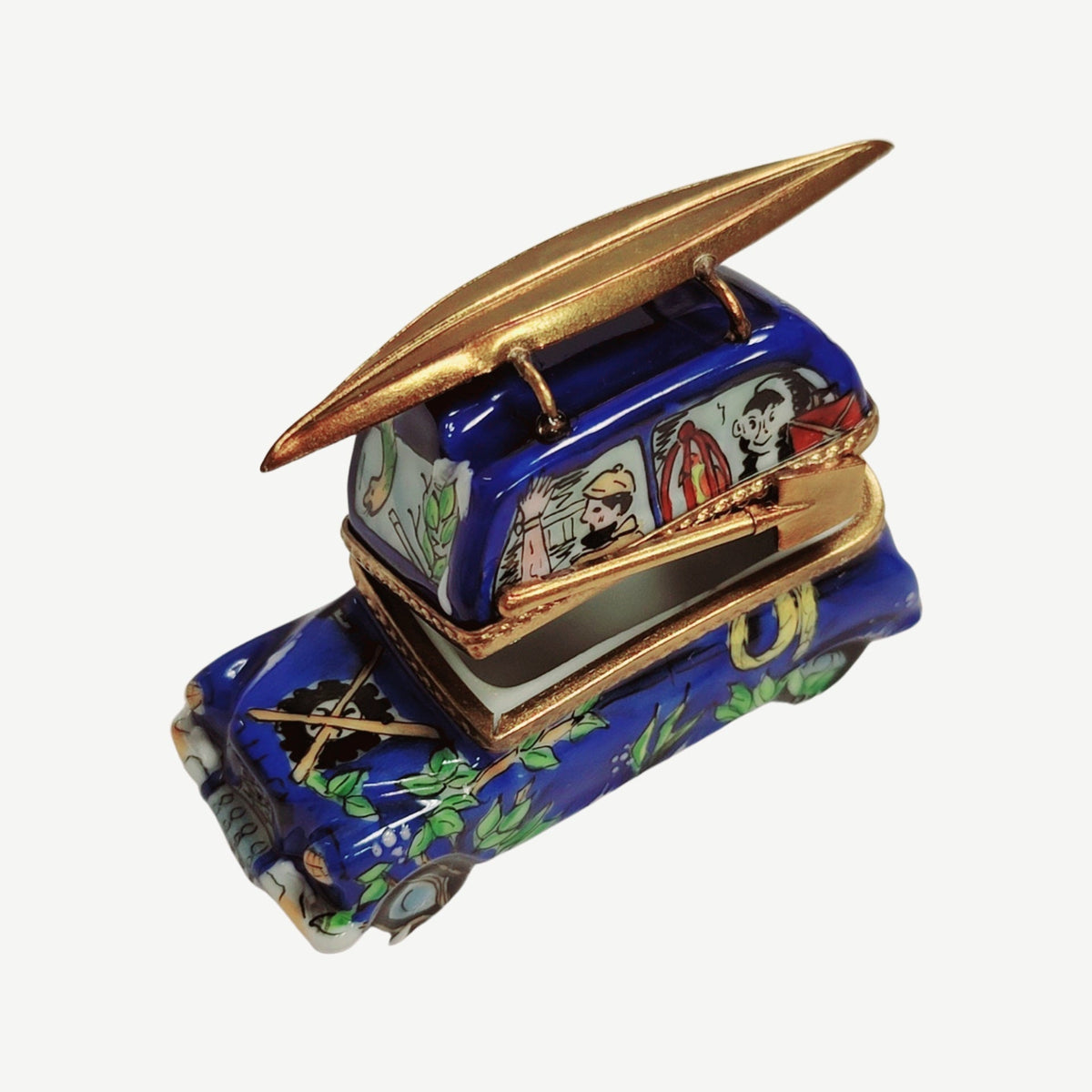 Fine French craftsmanship on the Blue Kayak Canoe Camping Vehical Car Limoges box, painted by hand
