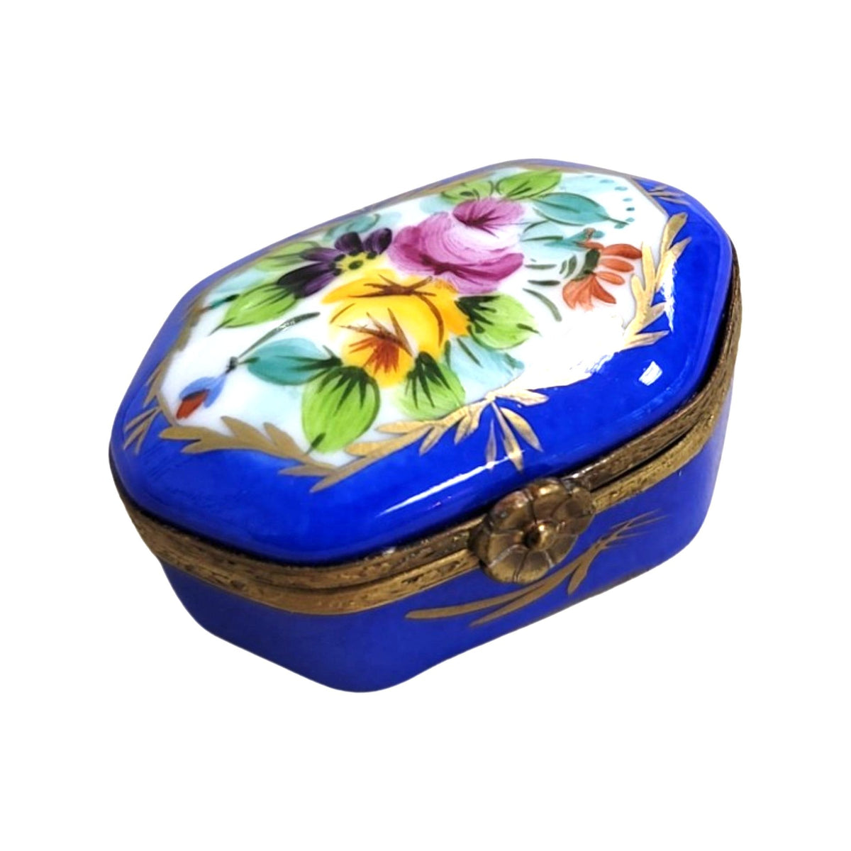 Blue Oval Hexagon Limoges Porcelain Box, a hand-painted Limoges porcelain gift