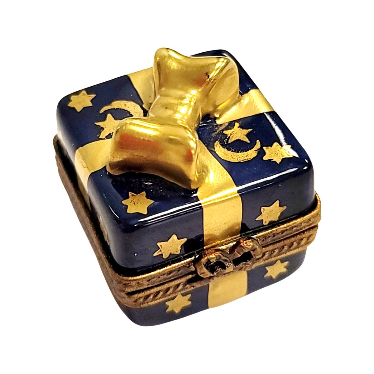 Blue Mini Moon Stars Present Gift Box Gold Bow Limoges, a hand-painted Limoges porcelain gift