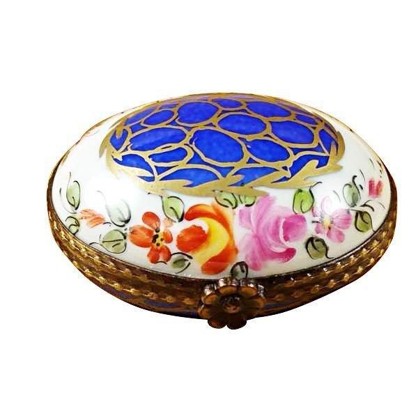 Limoges Boutique presents the Rochard Blue Oval Gold Circles, a genuine Limoges box painted by hand in France