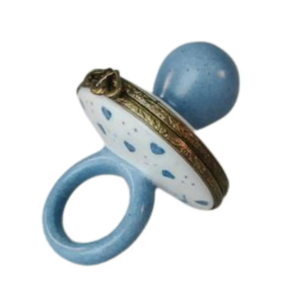 Blue Porcelain Pacifier Figurine Limoges Box for Baby Gift, a hand-painted Limoges porcelain gift