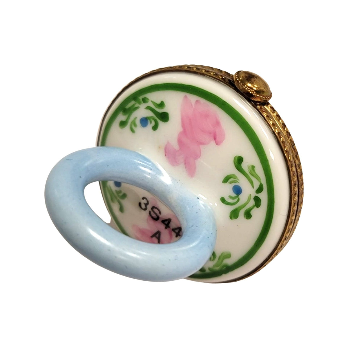 Limoges Boutique presents the Blue Pacifier with Rabbits for Baby, a genuine Limoges box painted by hand in France