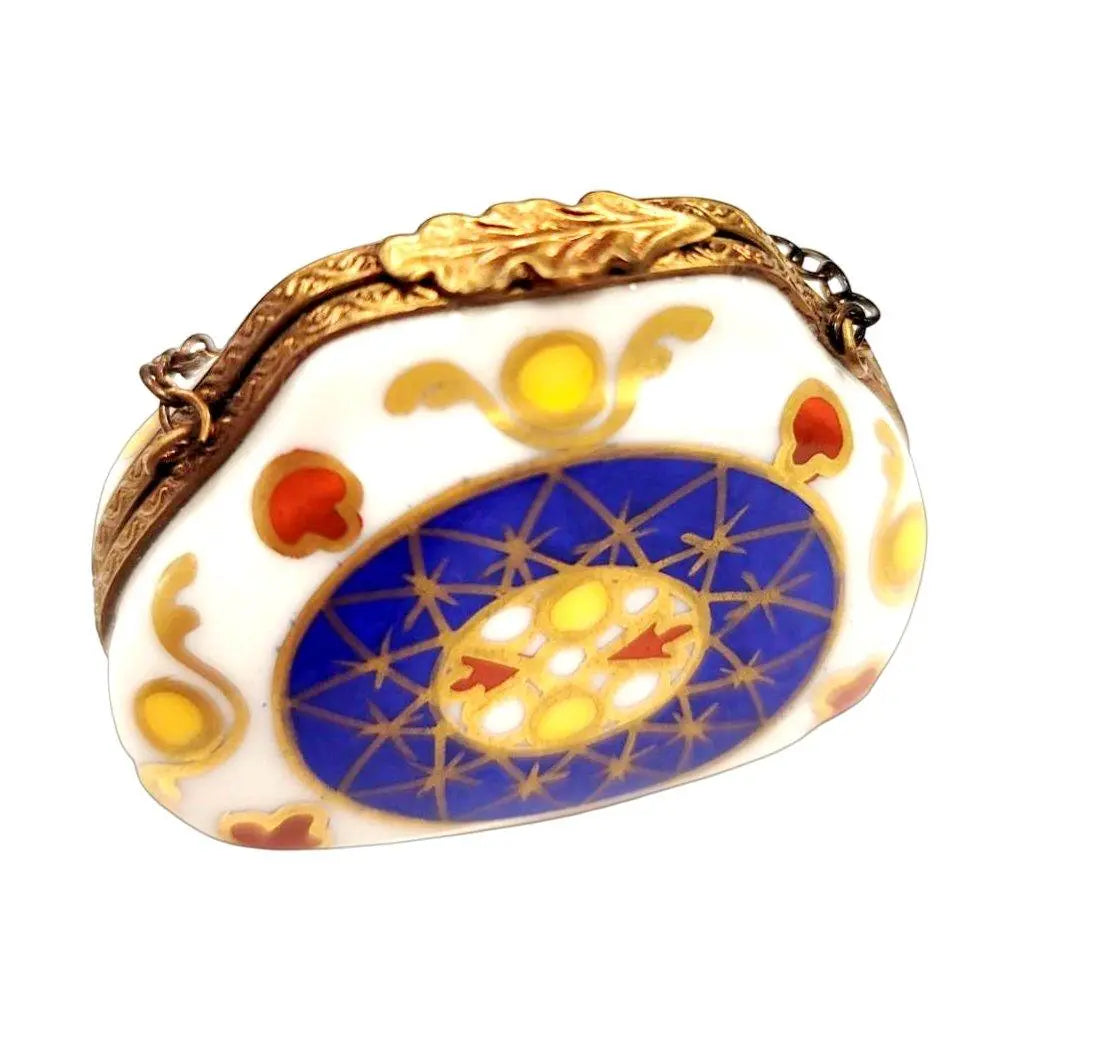 Treasured French collectible: Blue Purse with Yellow & Red Dots Limoges box, painted by hand