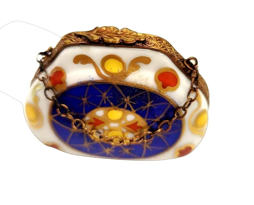 Limoges Boutique presents the Blue Purse with Yellow & Red Dots, a genuine Limoges box painted by hand in France
