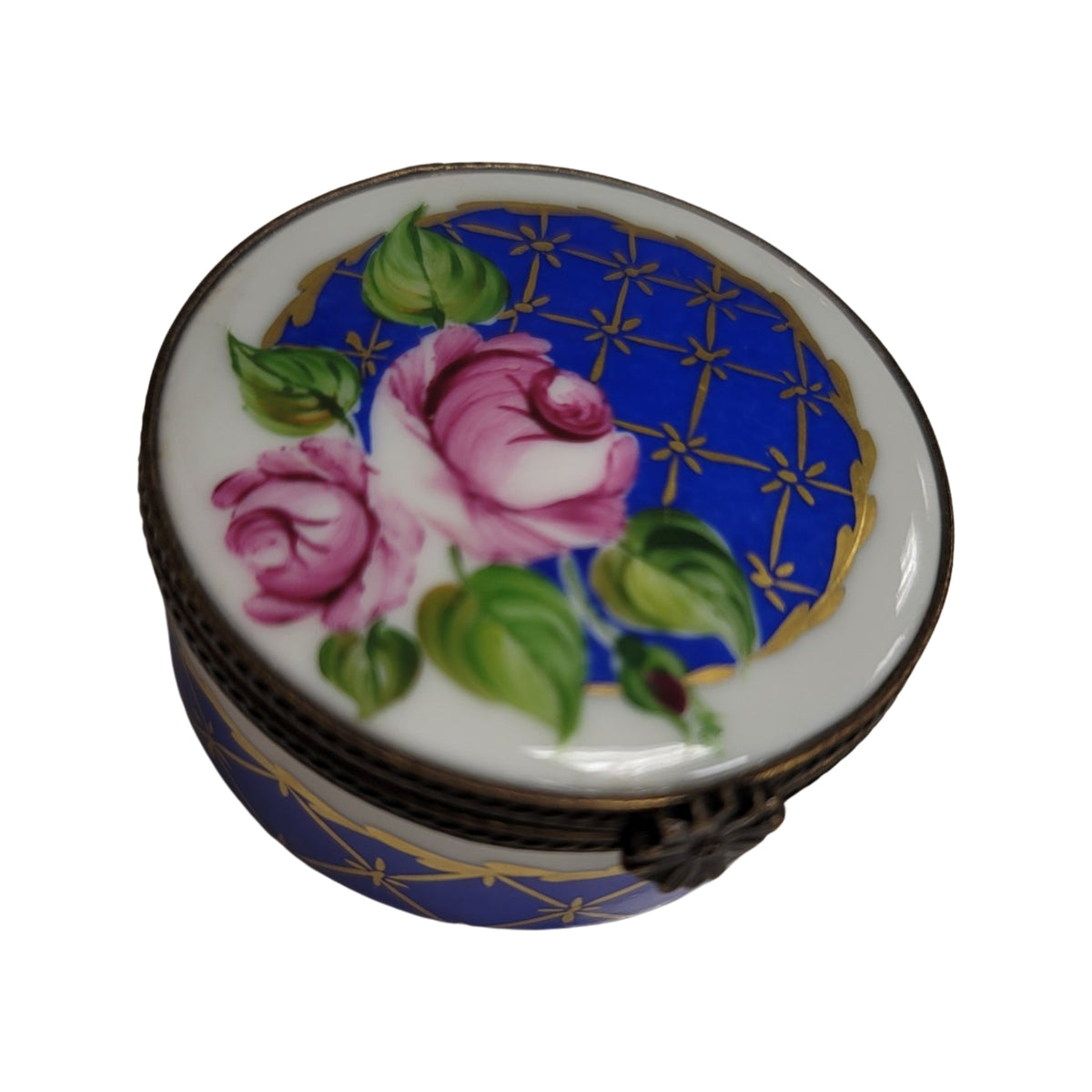 Blue Roses Round Limoges Porcelain Box Gift, view 3