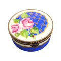 Blue Roses Round Limoges Porcelain Box Gift, a hand-painted Limoges porcelain gift