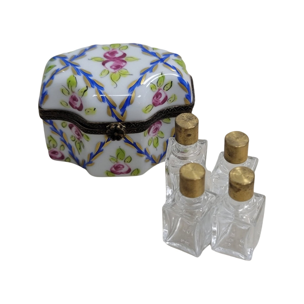 Collectible 4 Perfume Roses Blue Limoges box with artisan brushwork