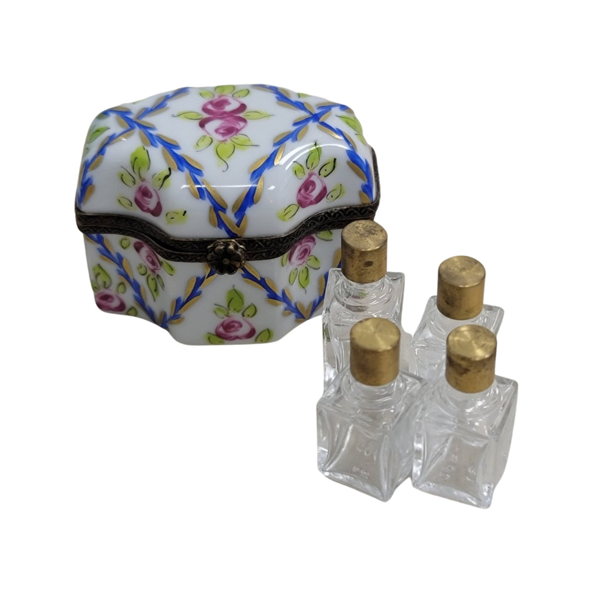 Collectible 4 Perfume Roses Blue Limoges box with artisan brushwork