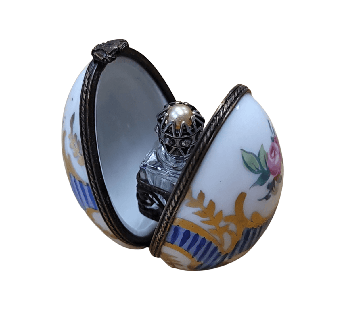 Collectible Blue Stripped Egg Perfume Limoges box with artisan brushwork