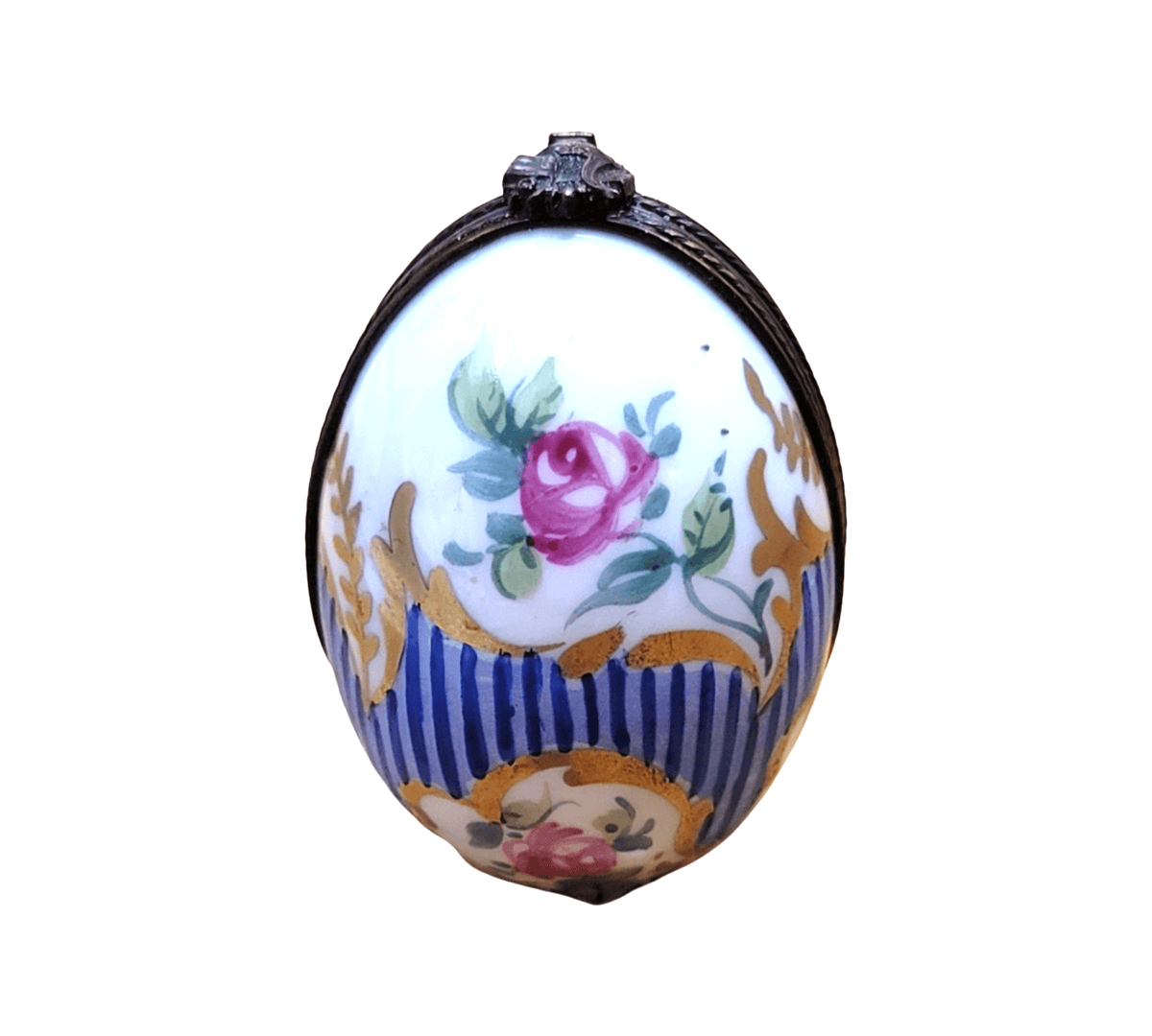 Fine French craftsmanship on the Blue Stripped Egg Perfume Limoges box, painted by hand