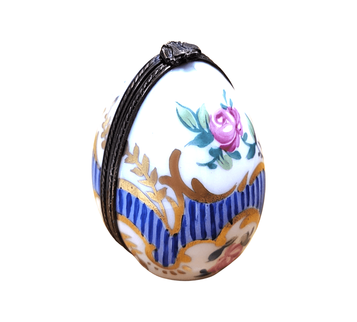 Treasured French collectible: Blue Stripes Oval Vertical Picture Frame Inside Limoges box, painted by hand