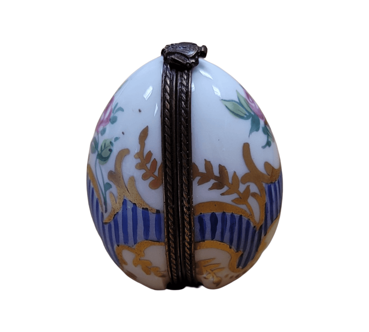 Every brushstroke by hand on the Blue Stripes Oval Vertical Picture Frame Inside Limoges box from France