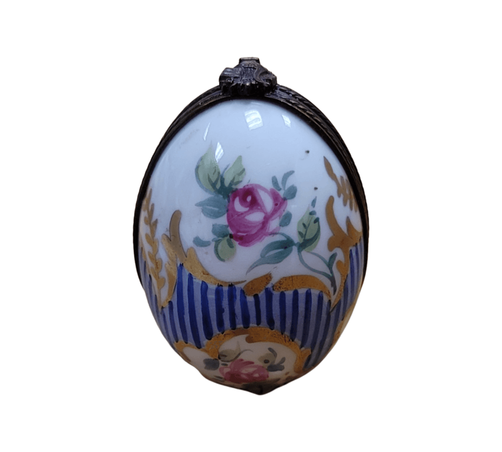 Collectible Blue Stripes Oval Vertical Picture Frame Inside Limoges box with artisan brushwork