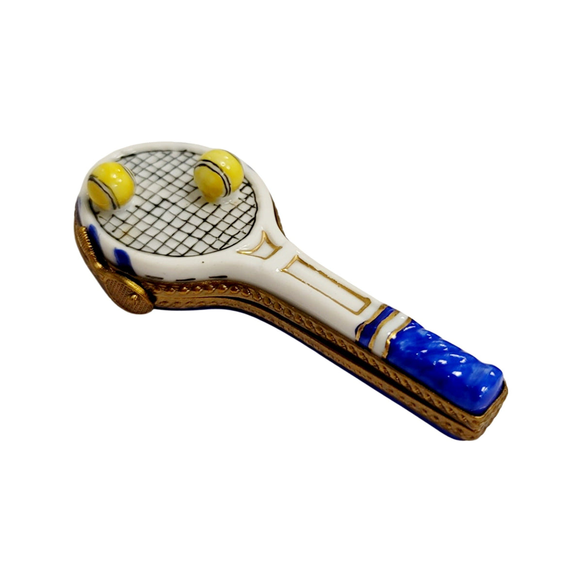 Blue Tennis Racquet 2 Balls Limoges Box, a hand-painted Limoges porcelain gift
