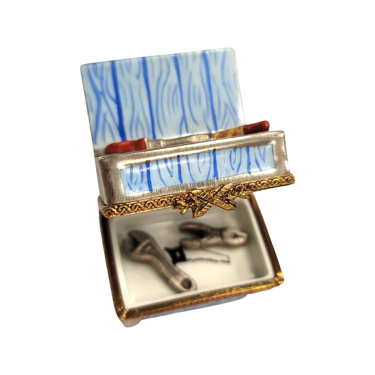 Blue Work Bench Tool Box and Tools Limoges Box Figurine, view 2