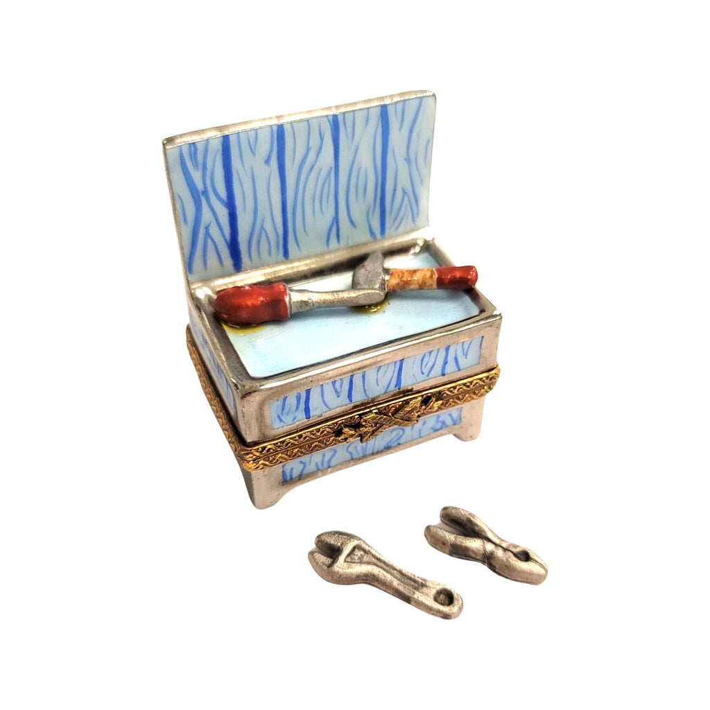 Blue Work Bench Tool Box and Tools Limoges Box Figurine, view 4