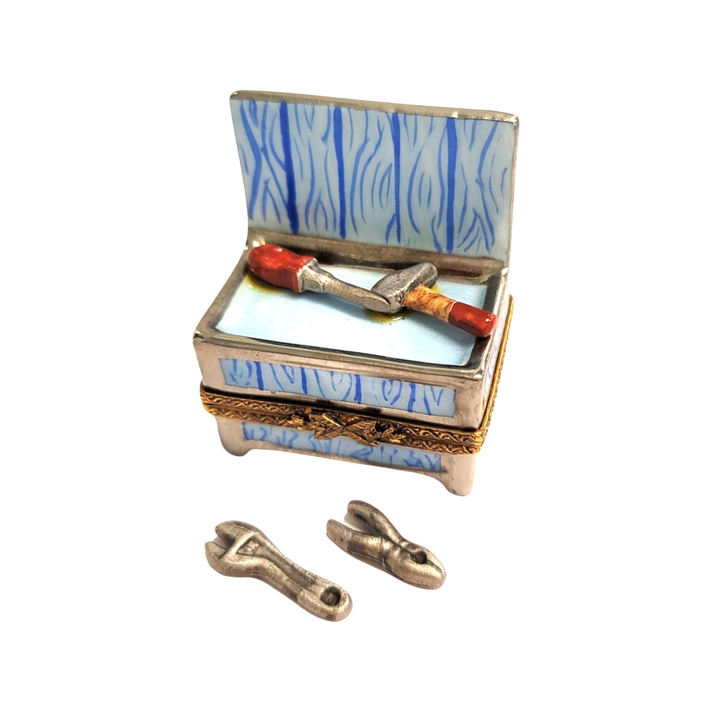 Blue Work Bench Tool Box and Tools Limoges Box Figurine, a hand-painted Limoges porcelain gift