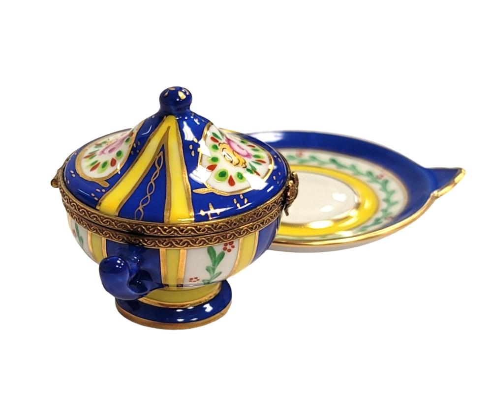 Blue Yellow Soup Toureen Limoges Box Figurine Limoges, view 3