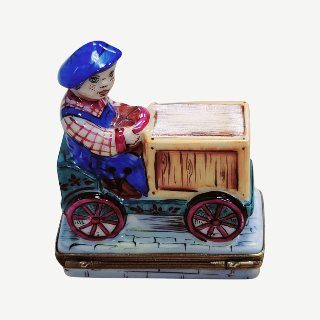 Boy on Cart Bike Limoges for Kids, a hand-painted Limoges porcelain gift