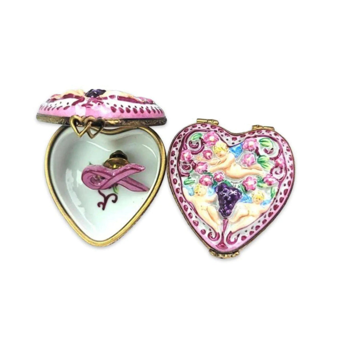 Breast Cancer Pin Heart Jewel My Love Limoges Porcelain Art Object, a hand-painted Limoges porcelain gift