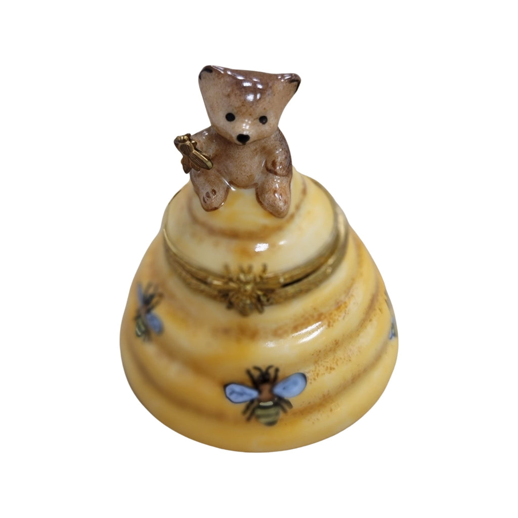 Brown Bear on Bee Hive Honey Comb Limoges Box Gift, a hand-painted Limoges porcelain gift