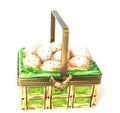 Brown Limoges Porcelain Eggs in Basket Porcelain Art Object, a hand-painted Limoges porcelain gift