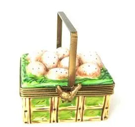 Brown Limoges Porcelain Eggs in Basket Porcelain Art Object, a hand-painted Limoges porcelain gift