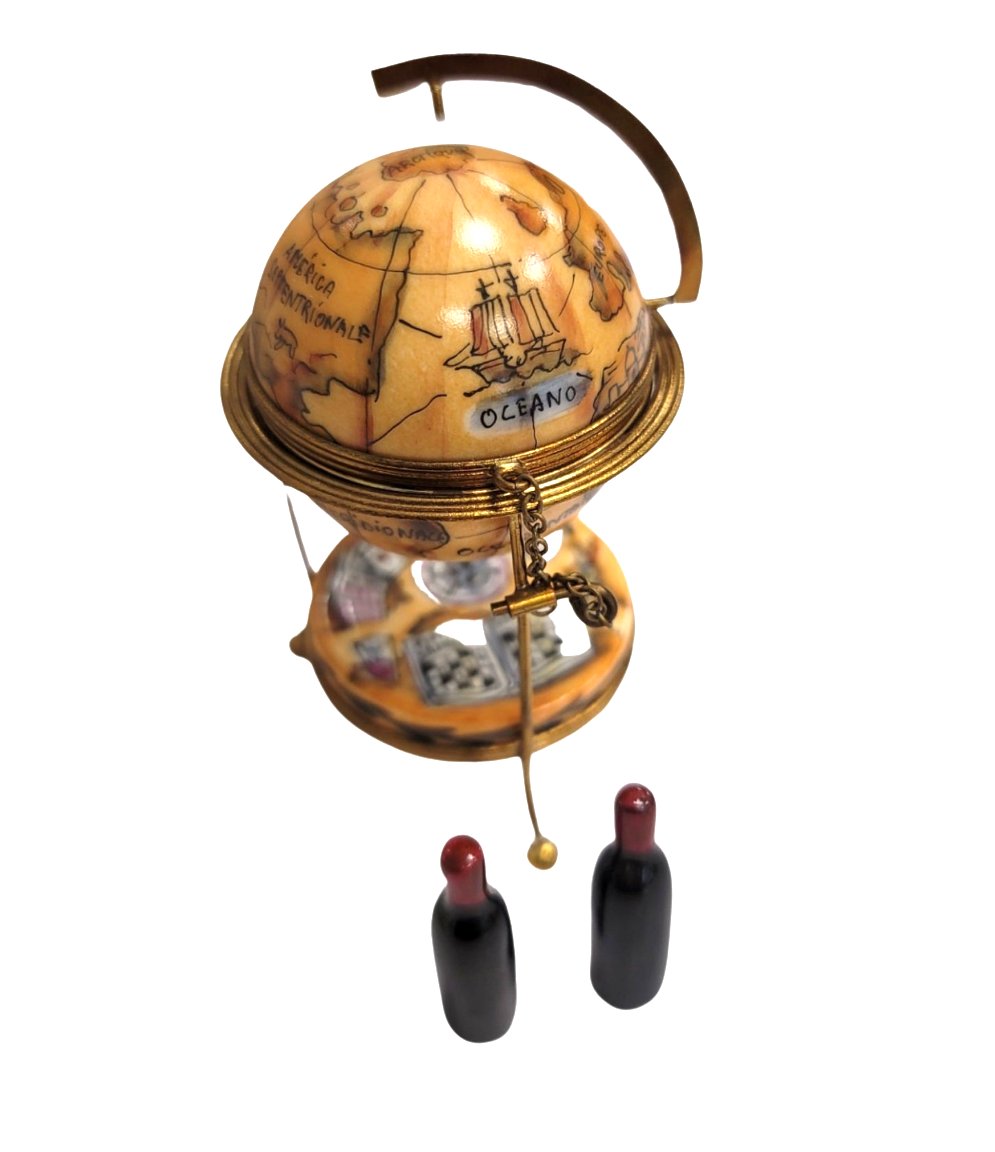Brown Globe Bar W Wine Crossword Limoges Box Figurine, a hand-painted Limoges porcelain gift