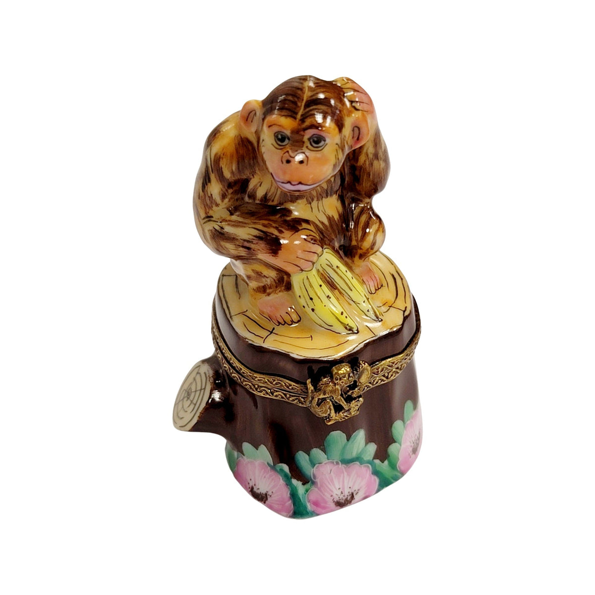Brown Monkey on Stump Limoges Box, a hand-painted Limoges porcelain gift