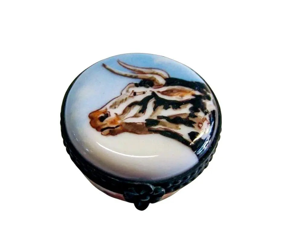 Bull on Round Porcelain Limoges Porcelain Art Object Collectible, a hand-painted Limoges porcelain gift