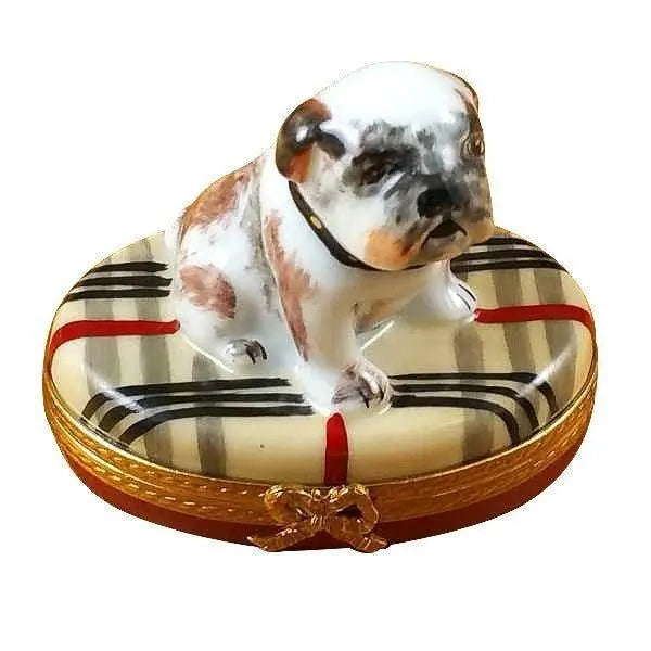 Limoges Boutique presents the Rochard Bulldog on Plaid Rug, a genuine Limoges box painted by hand in France