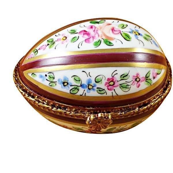 Limoges Boutique presents the Rochard Burgundy Striped Egg, a genuine Limoges box painted by hand in France