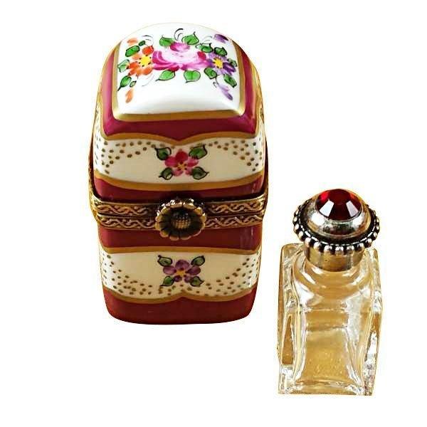 Limoges Boutique presents the Rochard Burgundy Tall with Flowers Bottle, a genuine Limoges box painted by hand in France